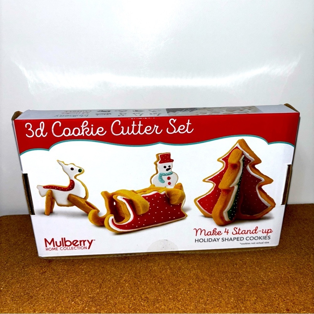3/$15 Mulberry 3D Cookie Cutters Stand Up Shape 8pc Sleigh Snowman Deer Tree